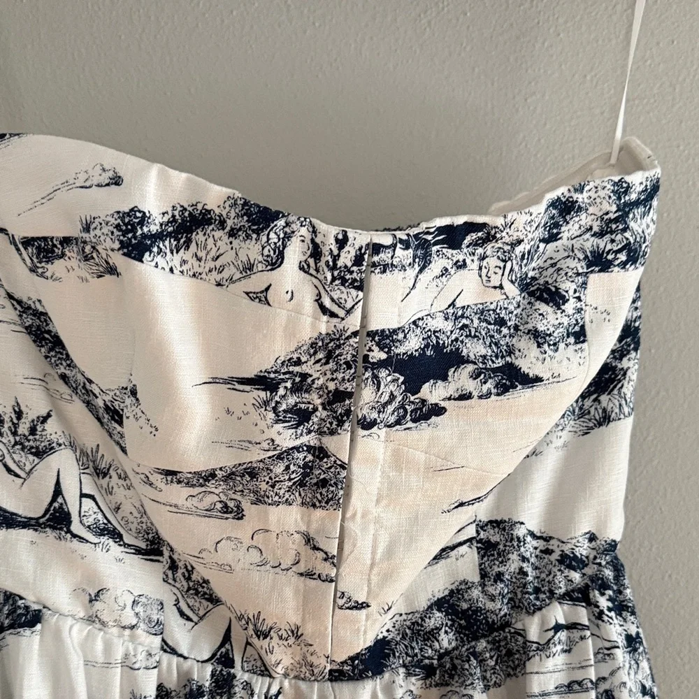 Reformation White Strapless Dress with Navy Scenic Print - Picture 3 of 5